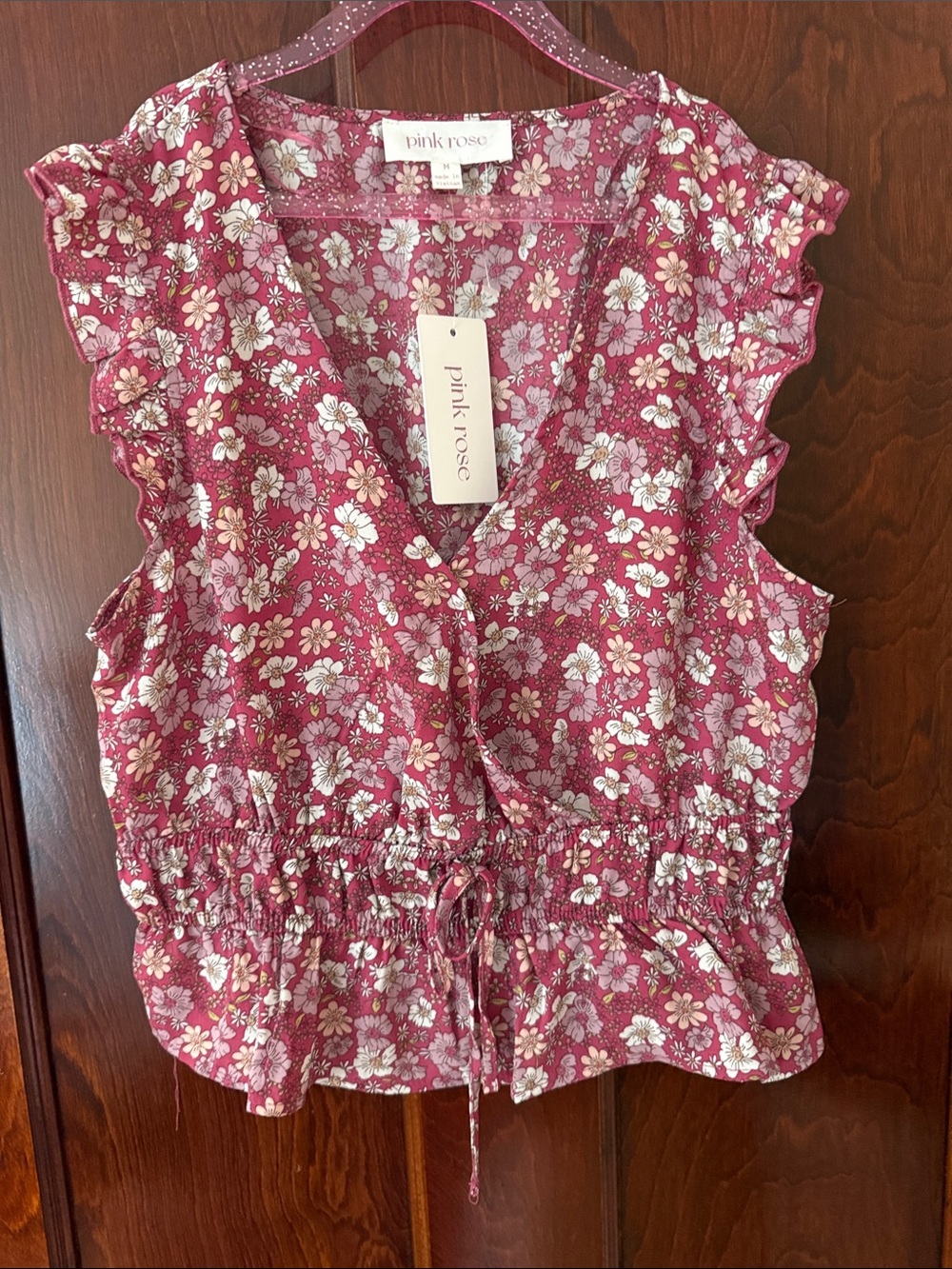 Pink Rose Raspberry Floral Tie-Waist Ruffle Sleeve Blouse
